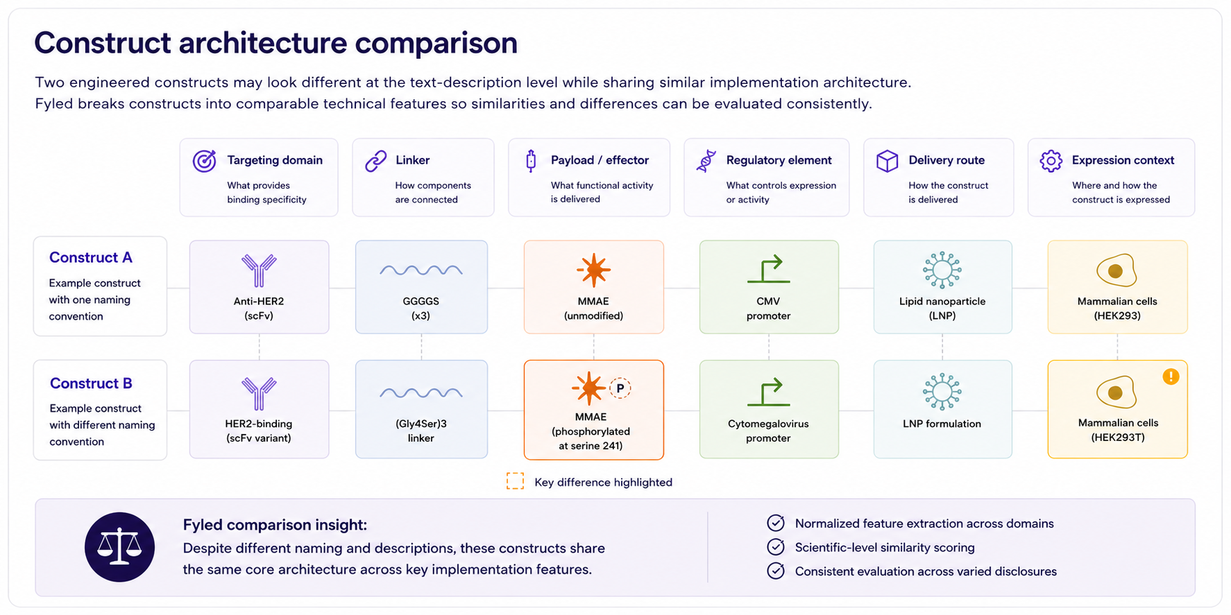 Construct architecture comparison showing two engineered constructs decomposed into comparable implementation layers including targeting domain, linker, payload, regulatory element, delivery route, and expression context