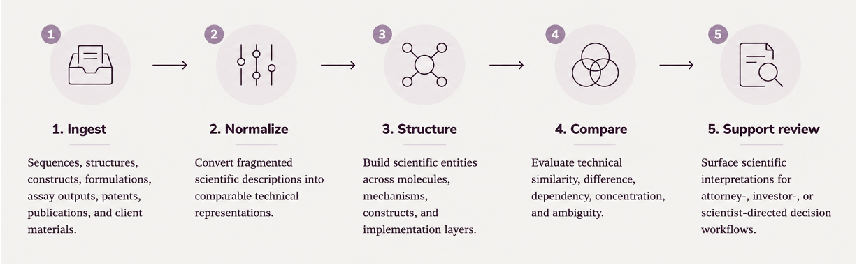 Scientific workflow showing ingestion, normalization, entity structuring, comparison, and interpretation support across complex biotechnology inputs